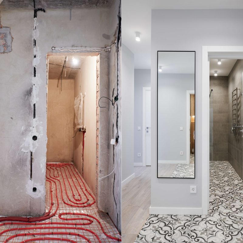 Avant / Après : transformation d’un ancien appartement en un espace moderne et lumineux, avec murs en briques, climatisation et design raffiné dans des tons blancs.