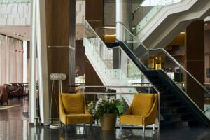 Horizontal image of big lobby of the hotel with modern design