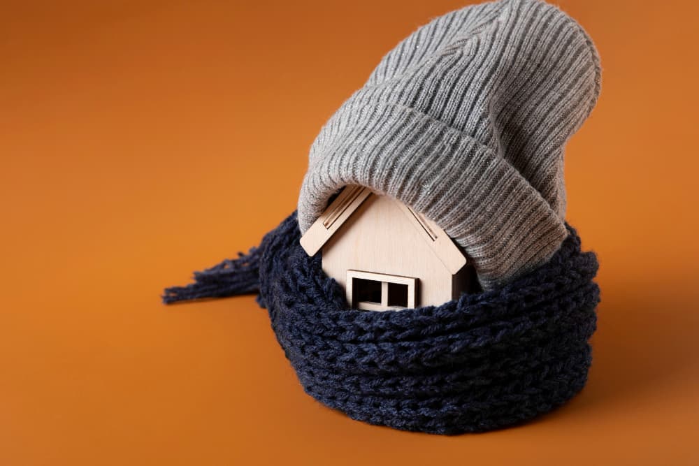 la maquette d'une maison envoeloppée dans un bonnet grios et une écharpe en laine bleu , isolation maison toulouse