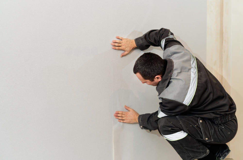 un plaquiste accroupi et passe ses main sur un mur lisse