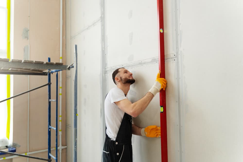 un artisanvqui tient un niveau sur un mur lisse