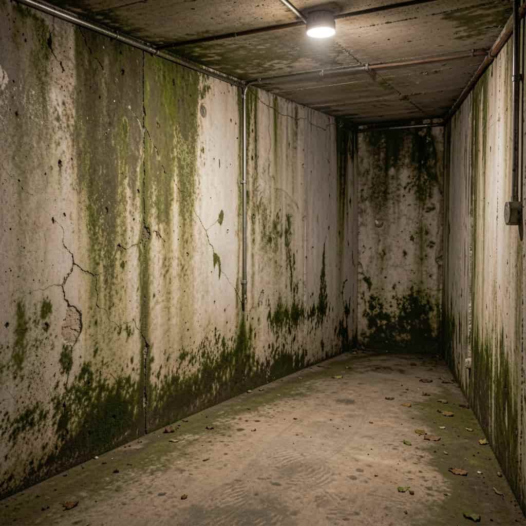 un sous sol avec des traces vertes d'humidité, humidité sous-sol