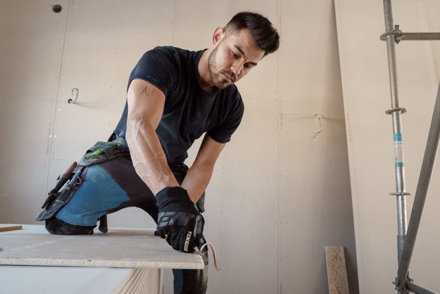 un artisan qui découpe une plaque de plâtre, artisan faux plafond